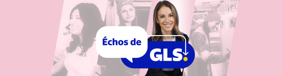 Fond bleu avec des images d'un joueur de hockey et d'un employé de GLS sur laquelle est inscrit « Échos de GLS » 