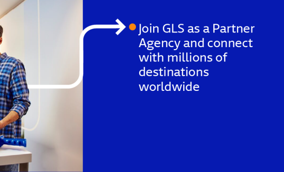 GLS promotional banner showing a Partner Agency preparing a shipment, with the message: 