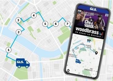 Carte géolocalisée montrant le trajet d'un camion GLS avec suivi en temps réel sur un smartphone, illustrant l'expérience de livraison interactive avec l'app GLS.