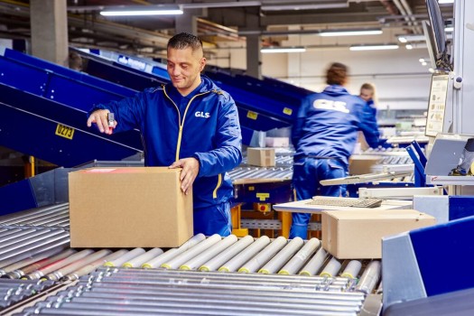 GLS employees sort and scan GLS parcels on a conveyor belt